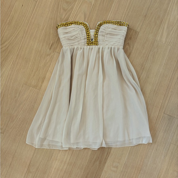 Lipsy Dress Women size 8 Strapless Mini Cream with Gold Jewels - Picture 1 of 2